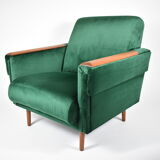 Vintage velvet armchair, 1960s, restored, green bottle
