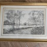 Signed countryside landscape engraving