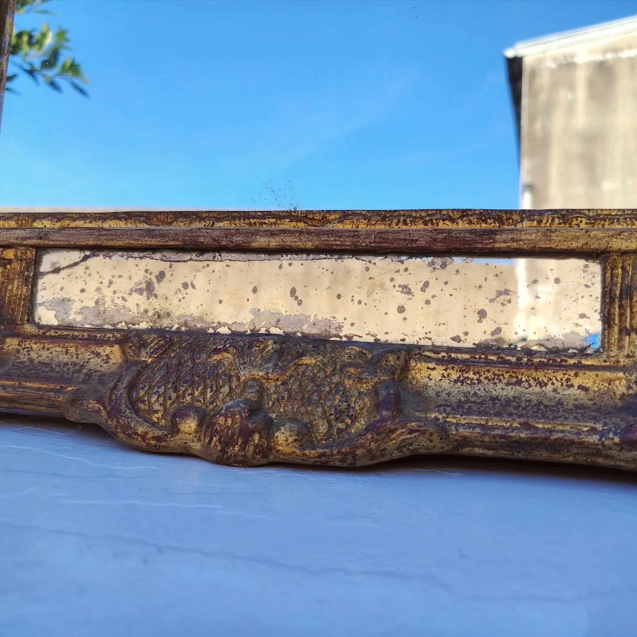 Golden wooden mirror, glazing, Italian, vintage decoration