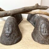 Pair of modernist anthropomorphic fireplace andirons, brutalist log holders 1950s