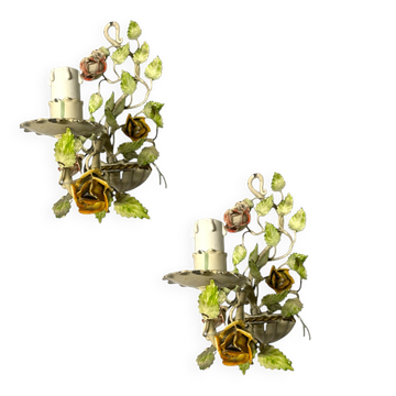 Appliques florales en tole vintage, ensemble de 2, années 1960.