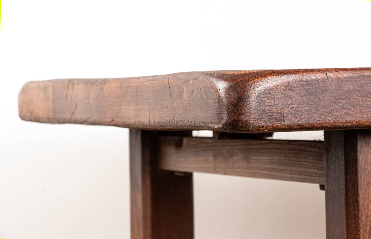 Large brutalist dining table in solid Elm, inspired by Olavi Hanninen, 1960.