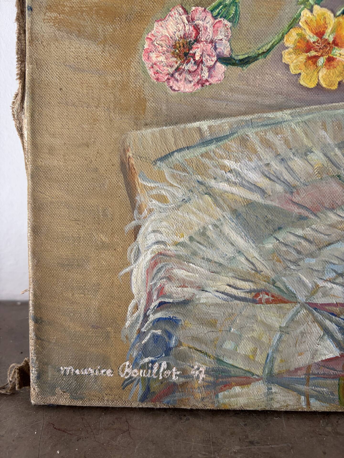 The cross bouquet, oil on canvas signed Maurice Bouillot 1947
