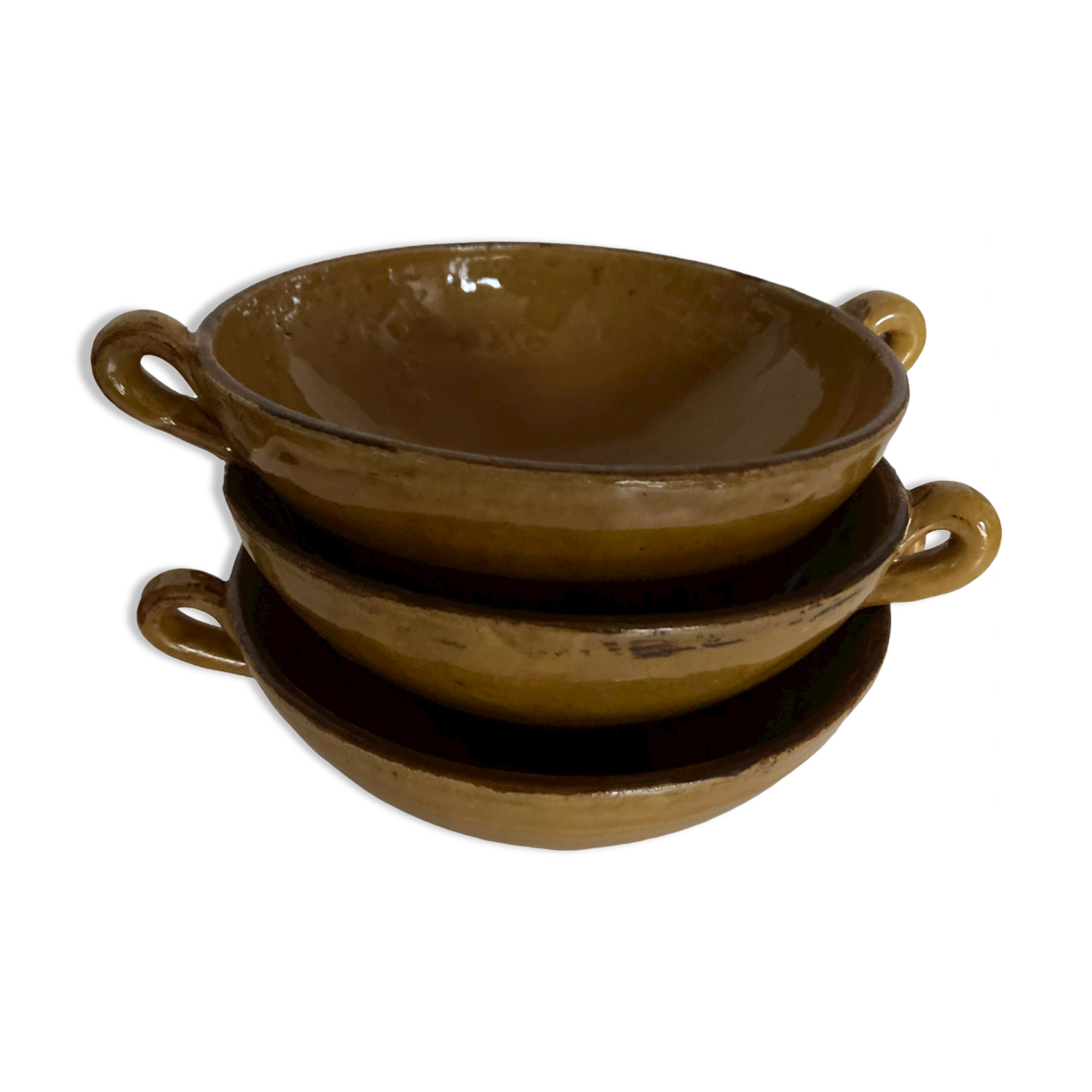 Produit BHV 3 bols jaunes à anses en terre vernissée de Biot 1950
