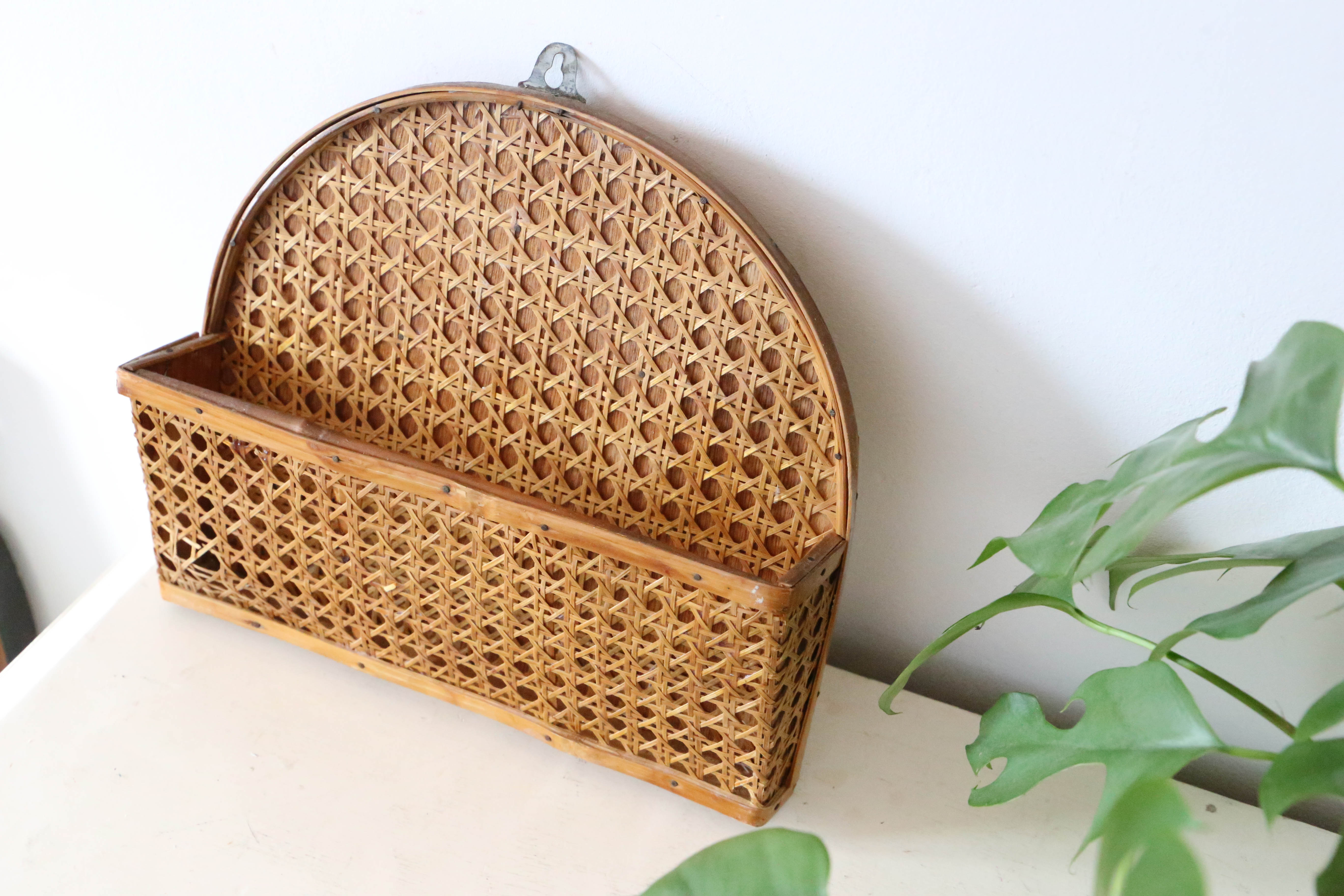 Mail holder, empty wall pocket, wicker and cannage, vintage