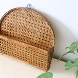 Mail holder, empty wall pocket, wicker and cannage, vintage