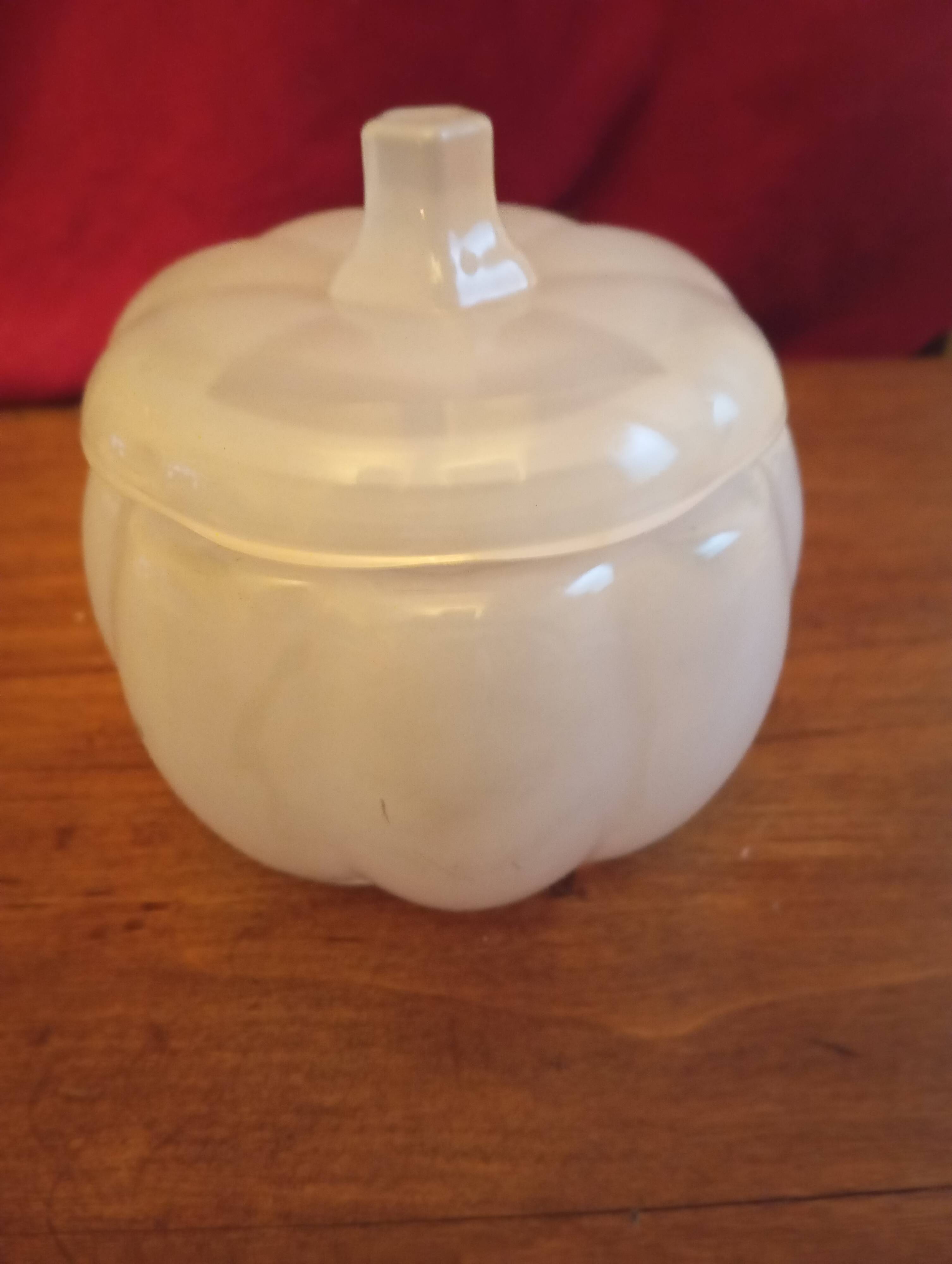 Candy box or glass sugar bowl in the shape of a white pumpkin