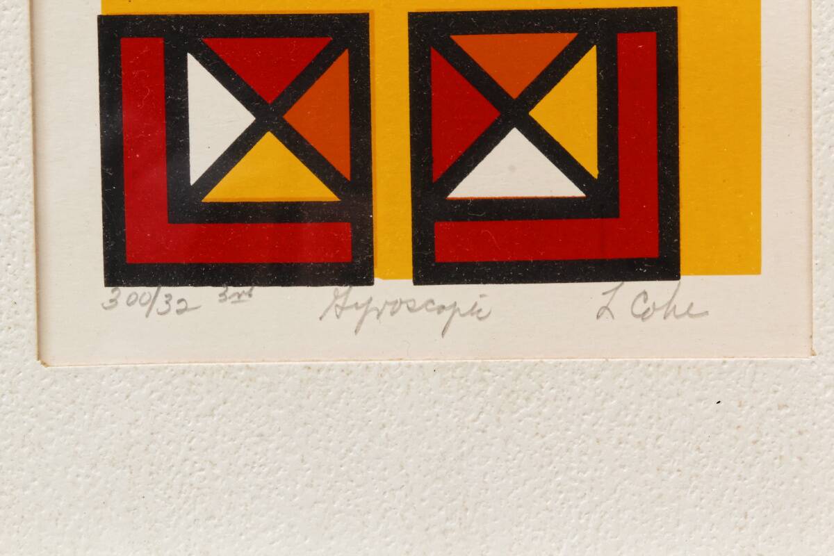 Set of two abstract screen prints, signed L Cohe.