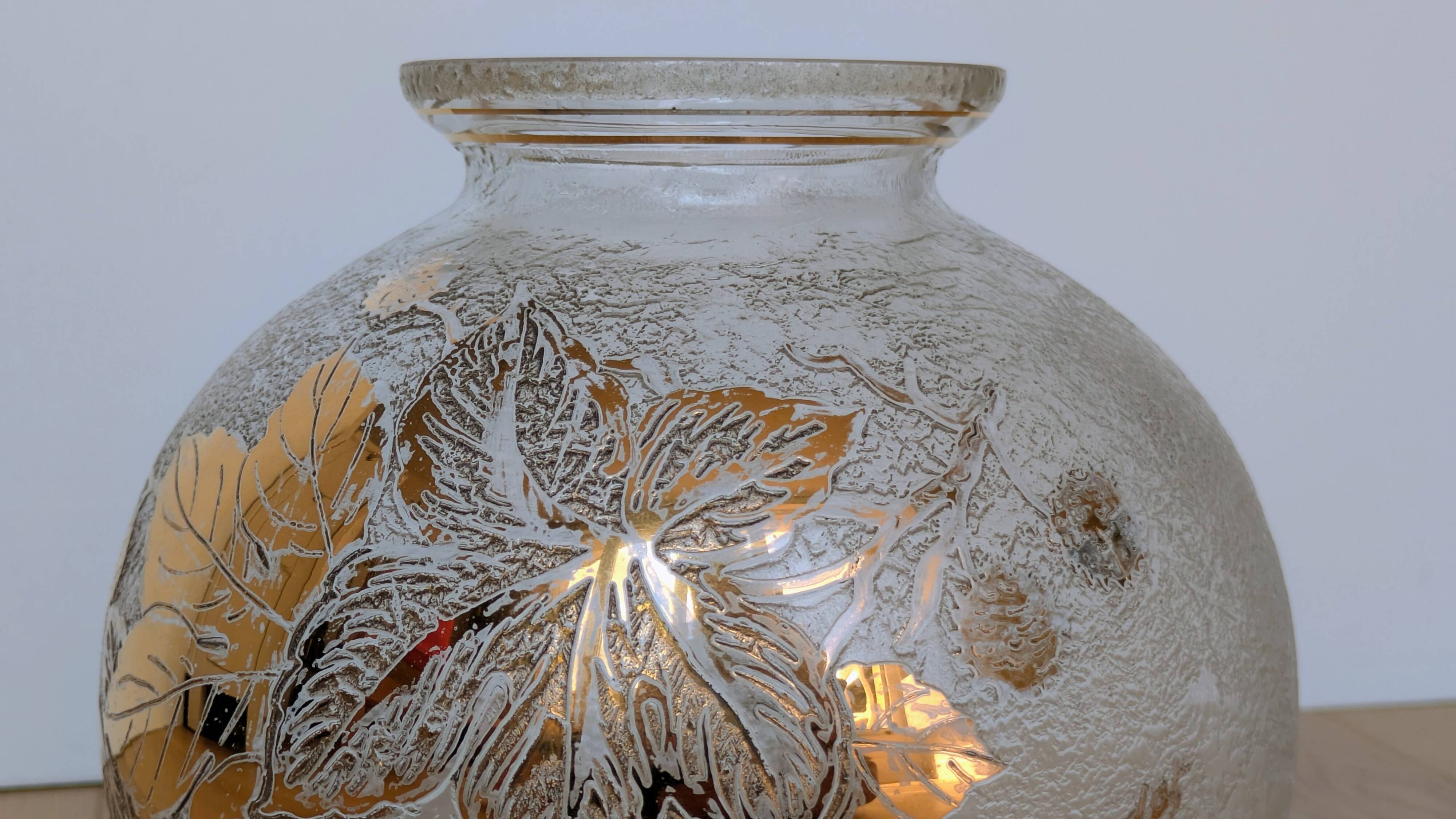 Frosted Glass Ball Vase with Golden Botanical Decoration — Signed Adat — Circa 1950