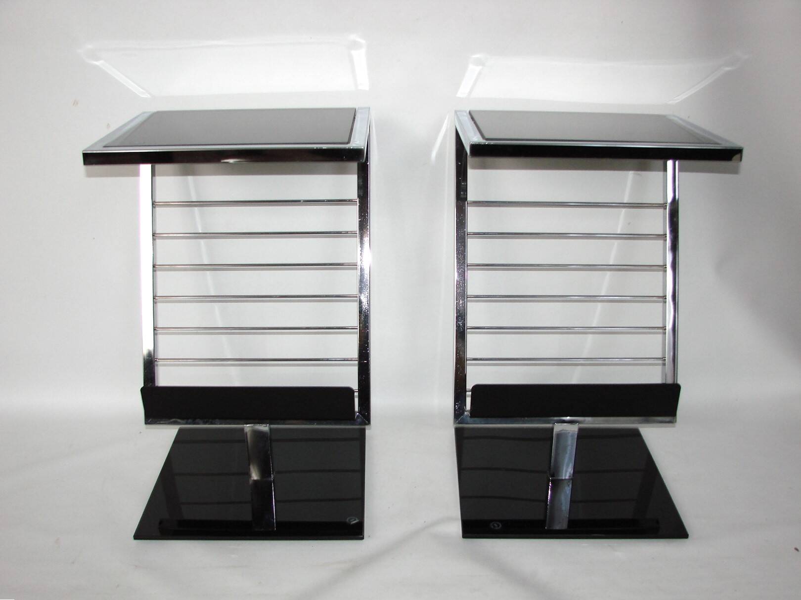 2 side tables, bedside tables in black glass and chrome metal, 1980