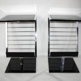 2 side tables, bedside tables in black glass and chrome metal, 1980