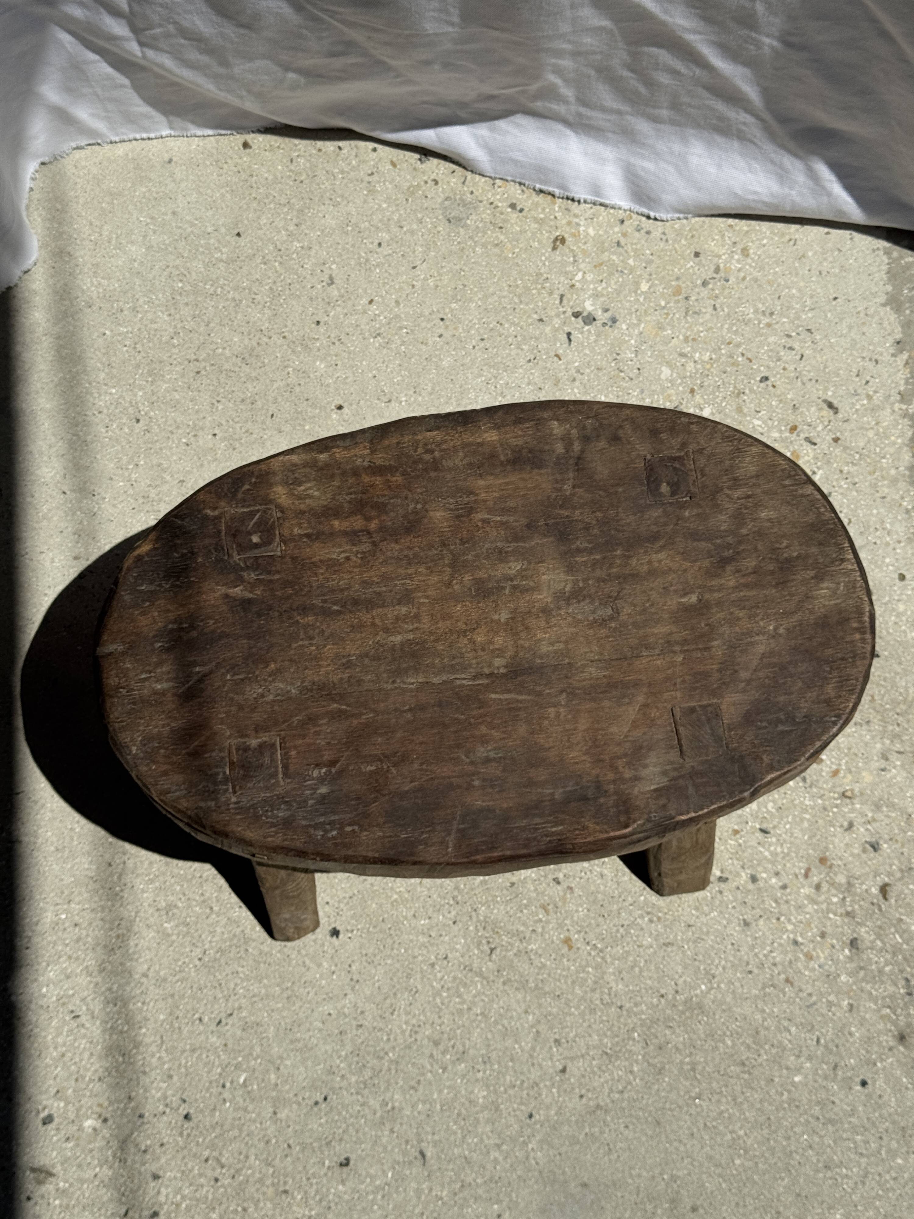 Small stool or small oval side table in solid teak wabi-sabi H24 53
