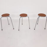 Set of 3 chrome stools with cognac leather seating, 1960's