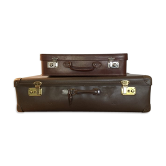Set 2 vintage suitcases in vulcanized fiber and leather