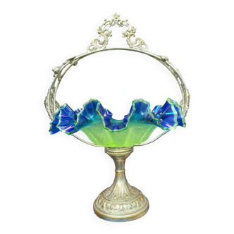 Centre de table en verre bleu et ouraline 1900