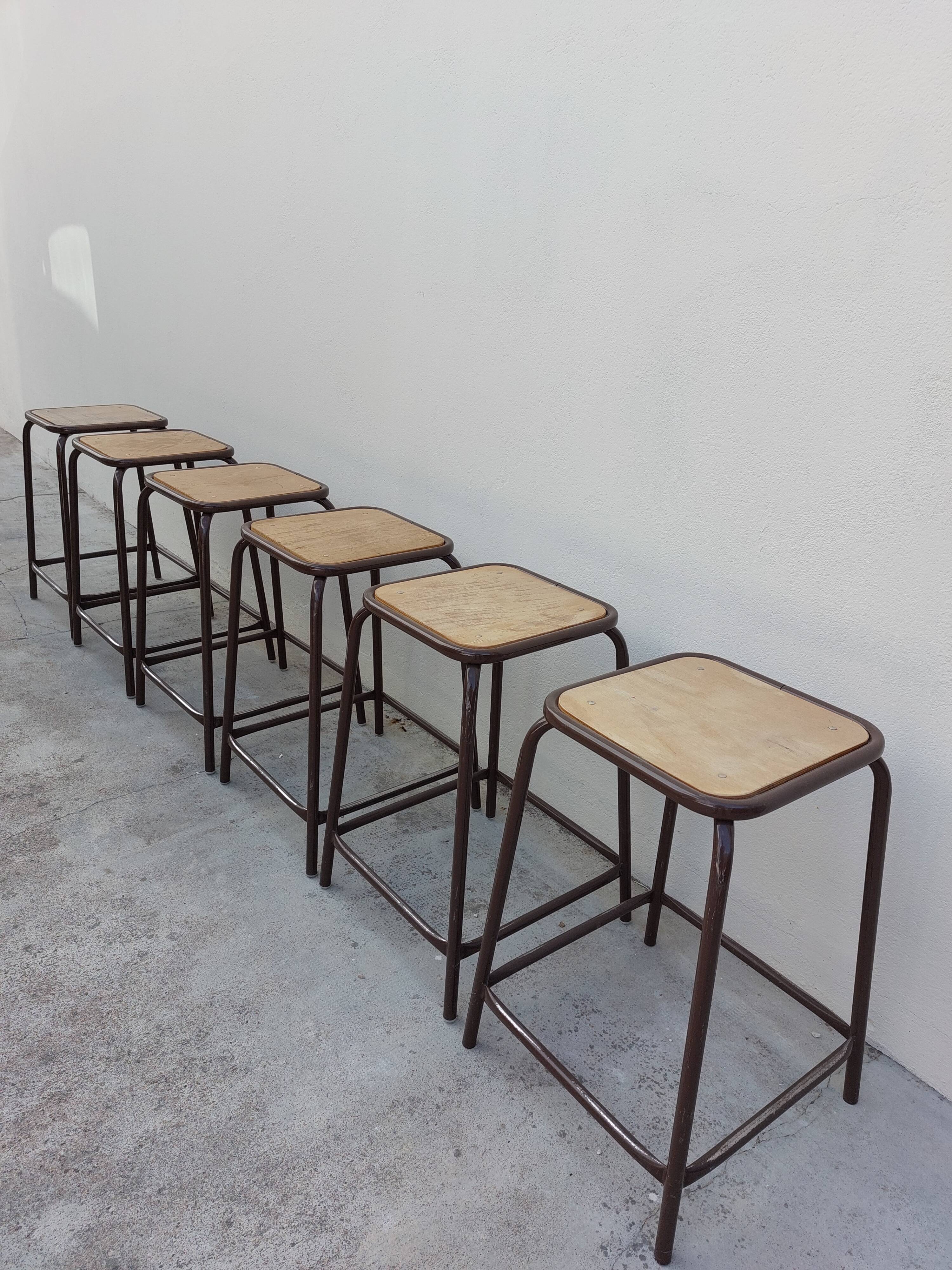 Series of 6 old workshop iron stools 1980