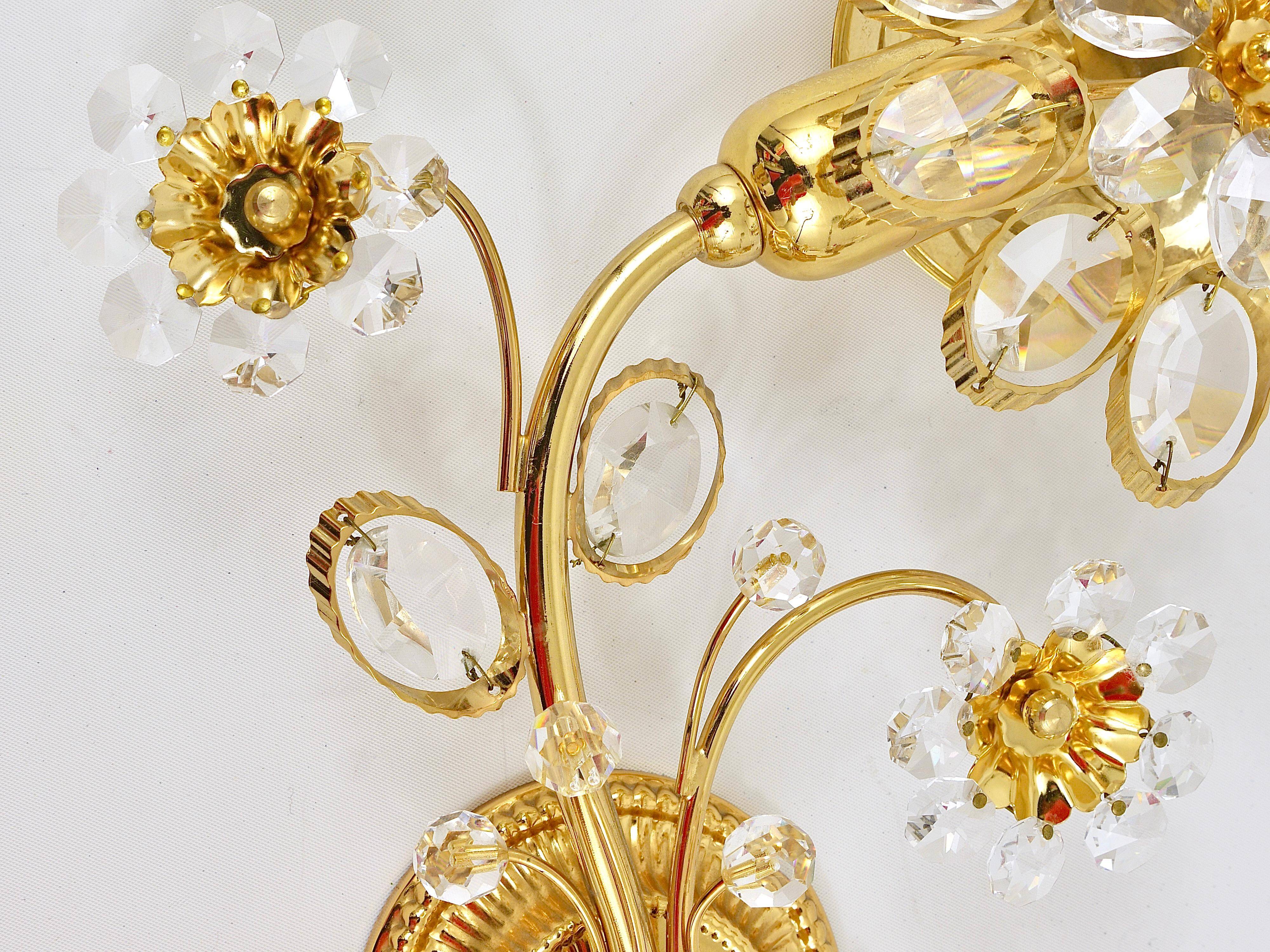 Paire d'appliques murales fleur en cristal laiton doré Ernst Palme, Palwa Allemagne, années 1970