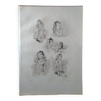 une planche en héliogravure  enfant  de Dujardin illustrateur Adrien Marie 1883 ( lire description )