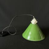 Industrial suspension conical metal green enamelled tole vintage