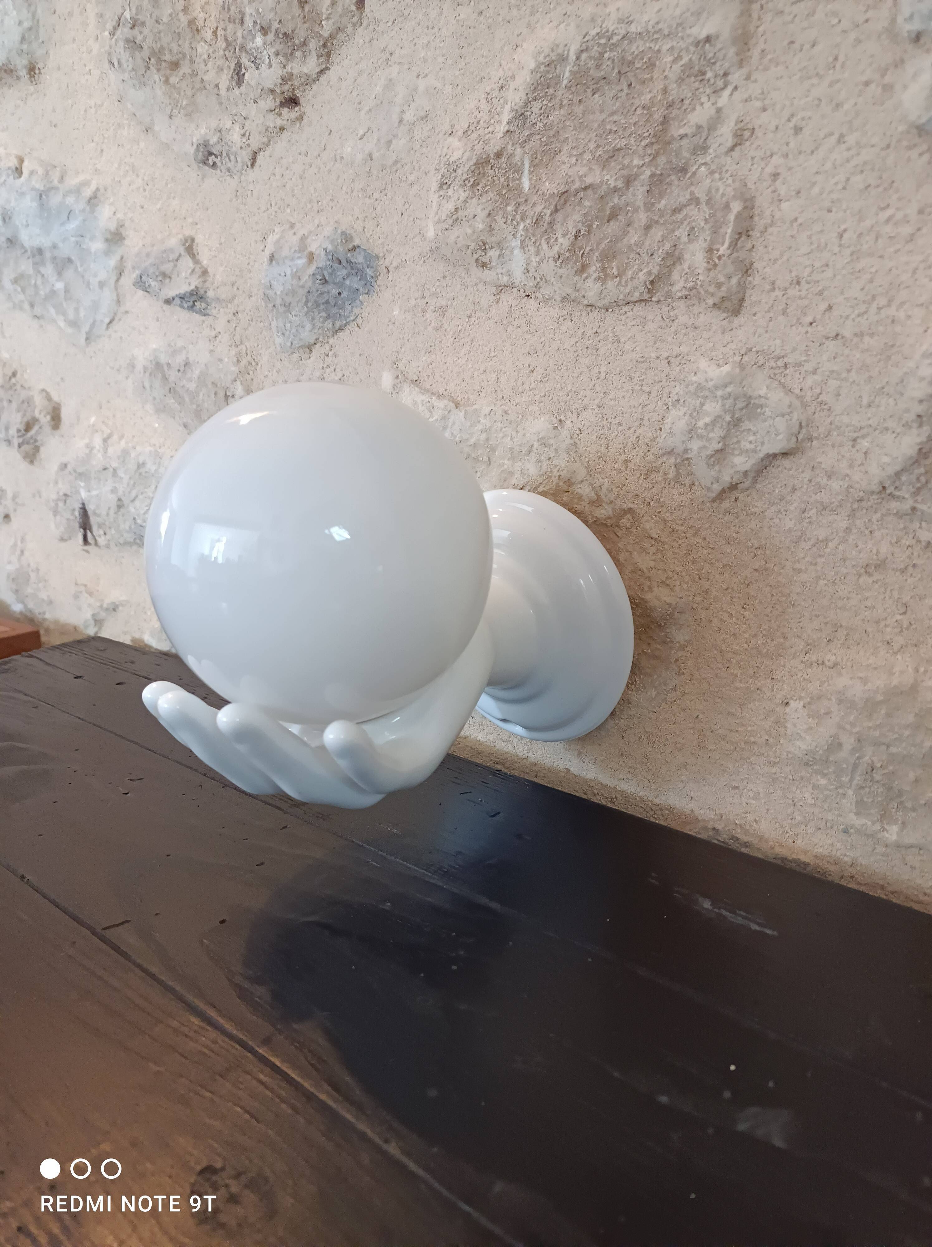 White ceramic hand and opaline globe 70s