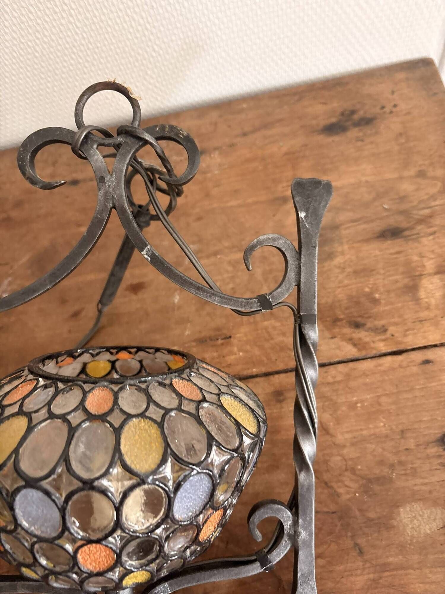 Colourful Stained Glass Wall Sconce with Wrought Iron and Cabochons Lamp