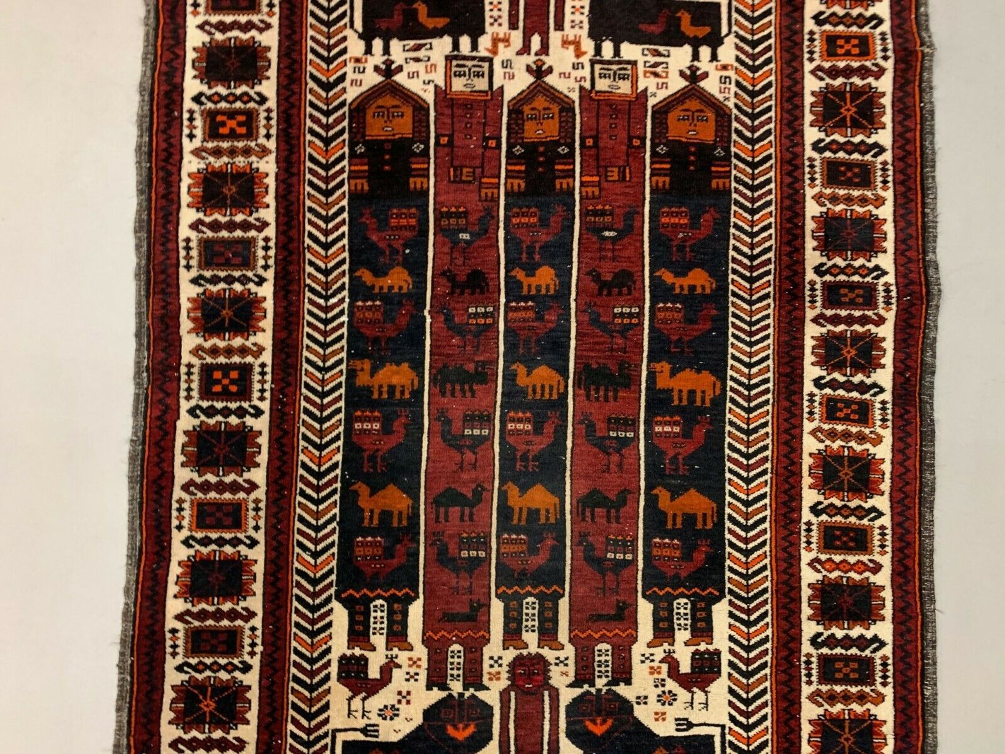 Vintage Tribal Lion Rug 204x110 cm, Old Tribal Wool Carpet, Black, Red Cream