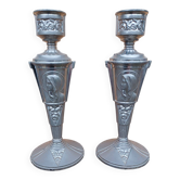 Pair of candlesticks with religious and Art Deco decor