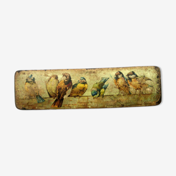 Ancien plumier Napoléon III, carton mâché et chromo: Alignement d'oiseaux