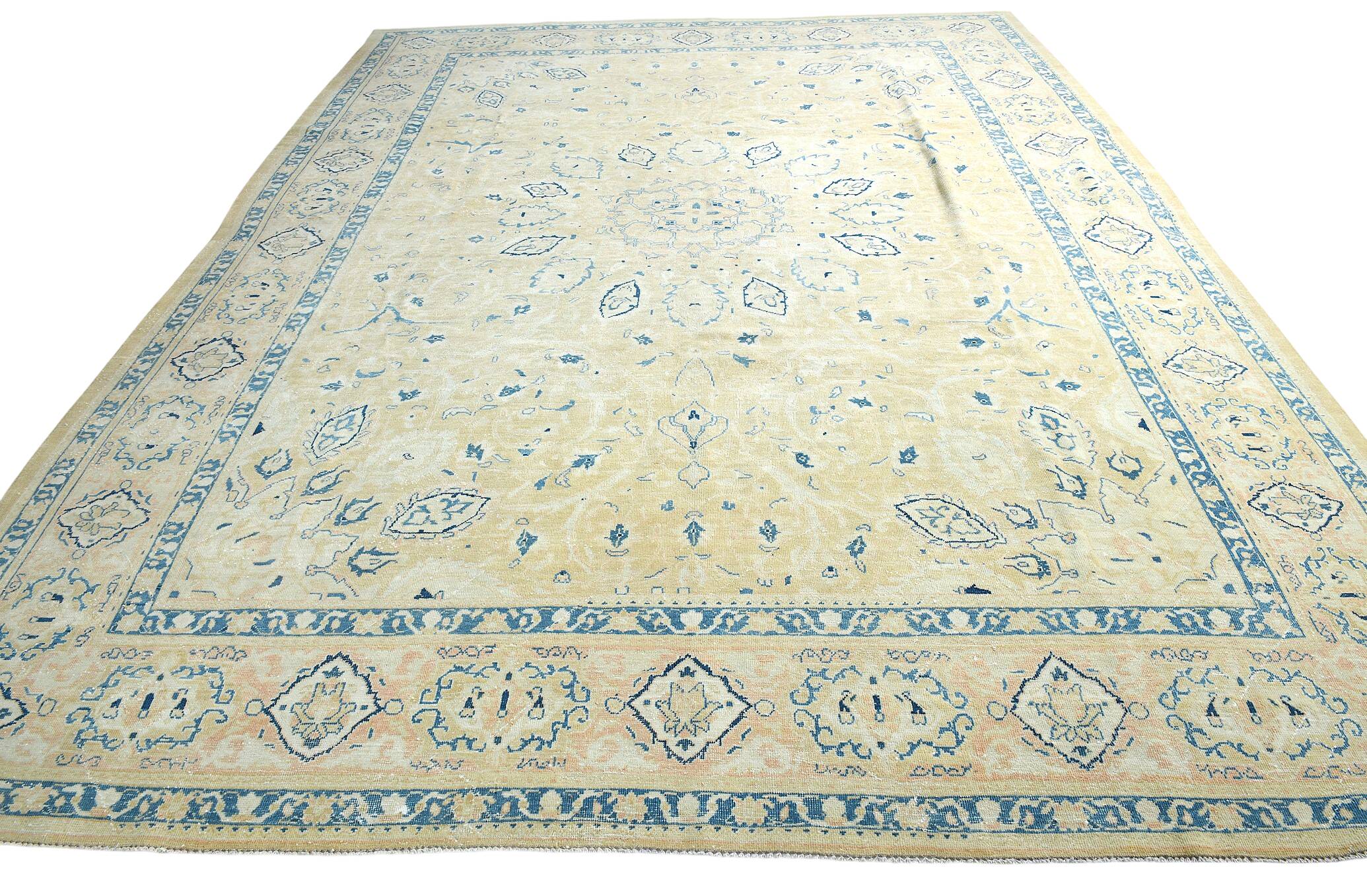 Tapis Persan Vintage Beige Et Bleu à Motifs Floraux, 301x388Cm