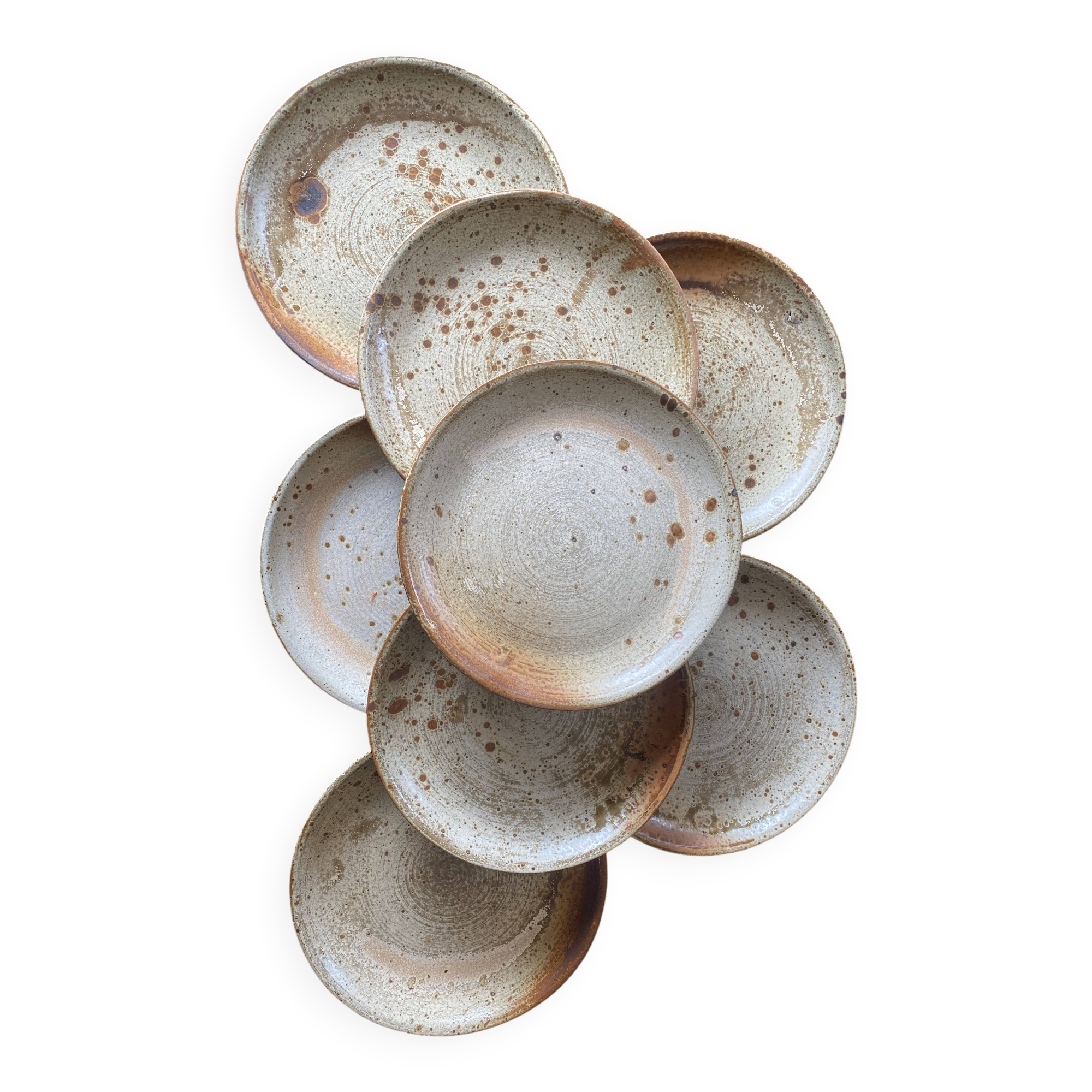 Set of 8 handcrafted pyrite stoneware plates – 1970s/80s