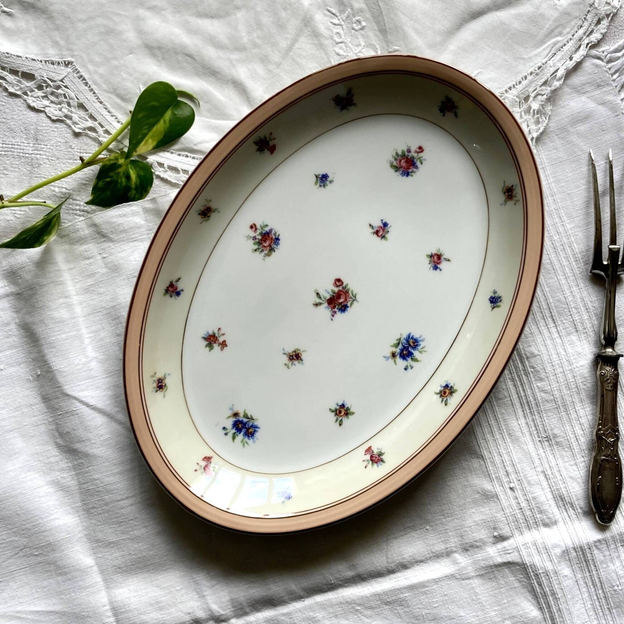 Large Limoges serving dish small flowers and gilding old porcelain Charles Ahrenfeldt