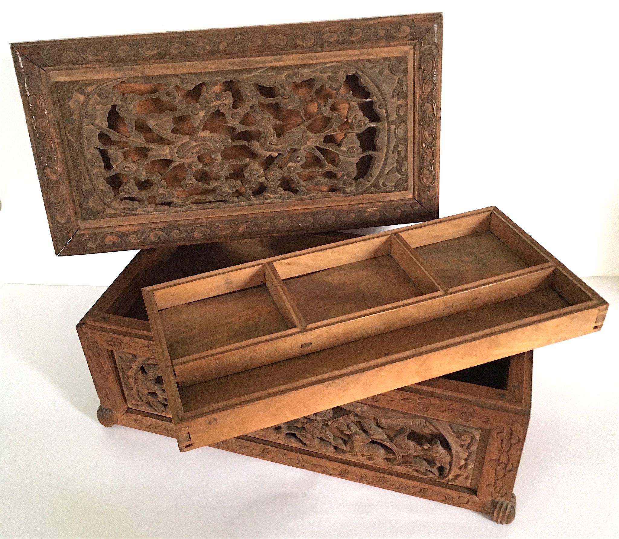 Carved wooden box Indochina late 19th early 20th popular art