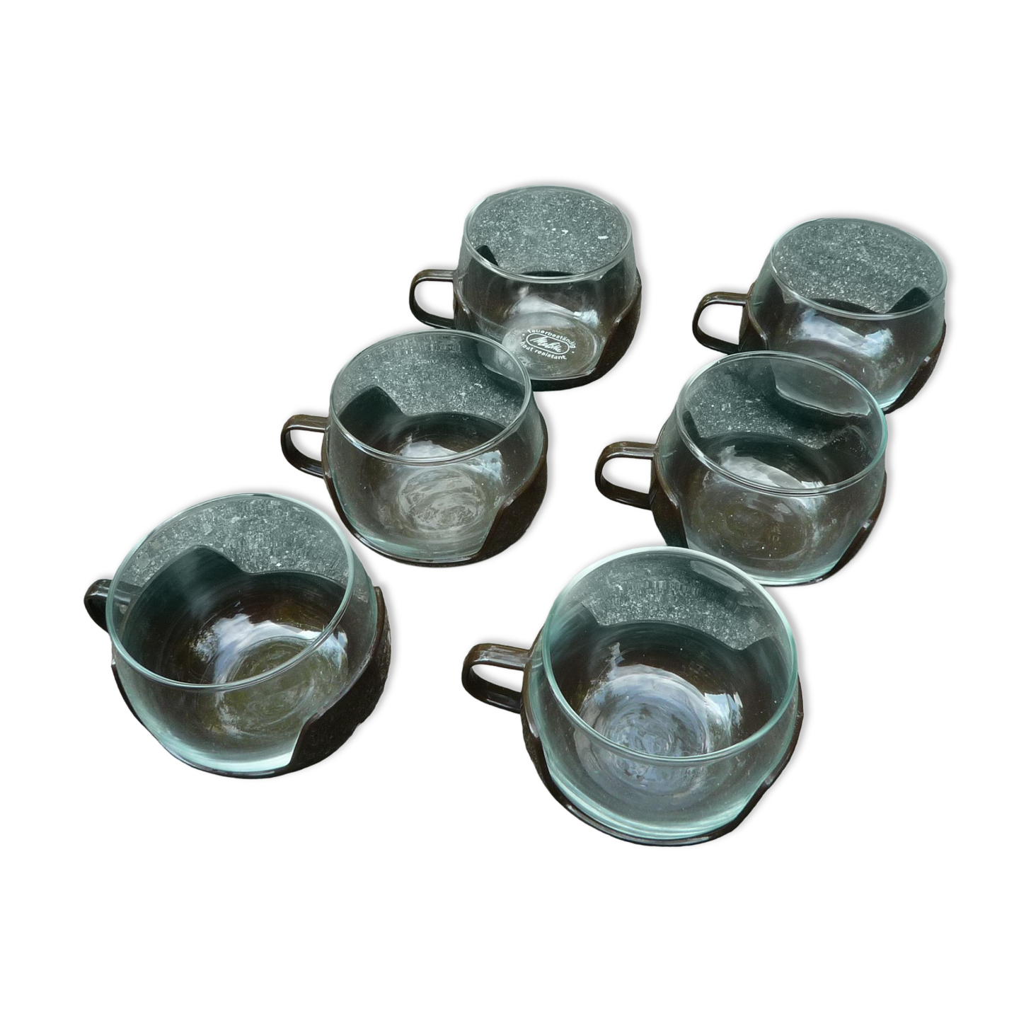 6 Melika coffee cups, brown glass and plastic, vintage 1970s