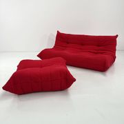 Togo 3-seater with red ottoman by Michel Ducaroy for Ligne Roset, 1970.