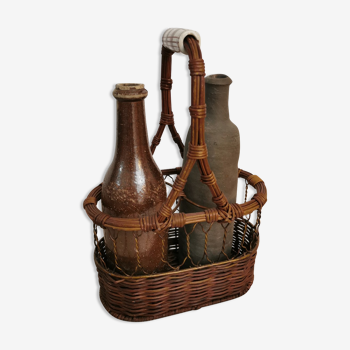 Set of 2 stoneware bottles and basket