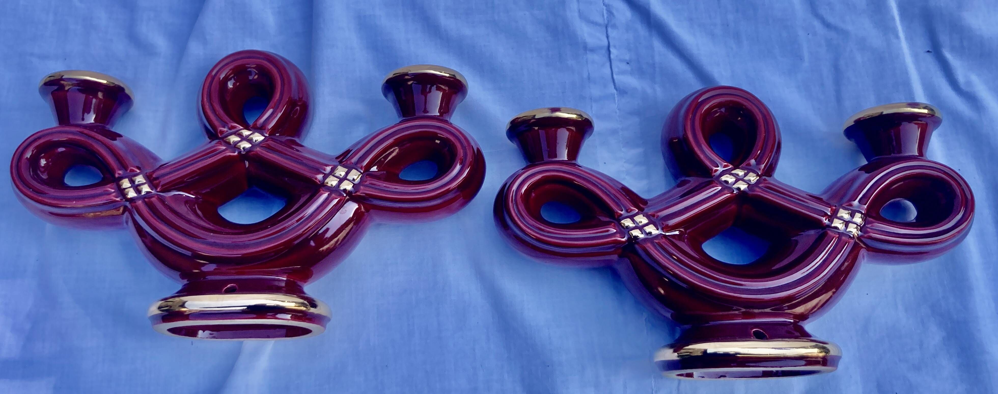 Double Candle Holder Vallauris Vintage Red Burgundy Ceramic Massier Style