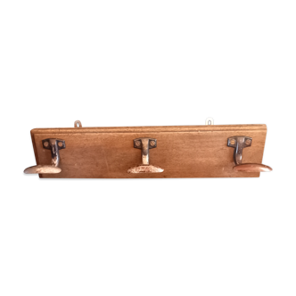 Old wooden coat rack 3 metal hooks