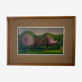 Oil on cardboard 1920 representing trees in bloom in the wind