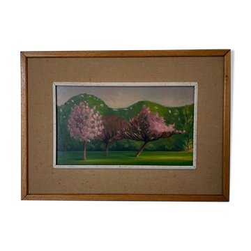 Huile sur carton représentant des arbres en fleurs dans le vent, 1920