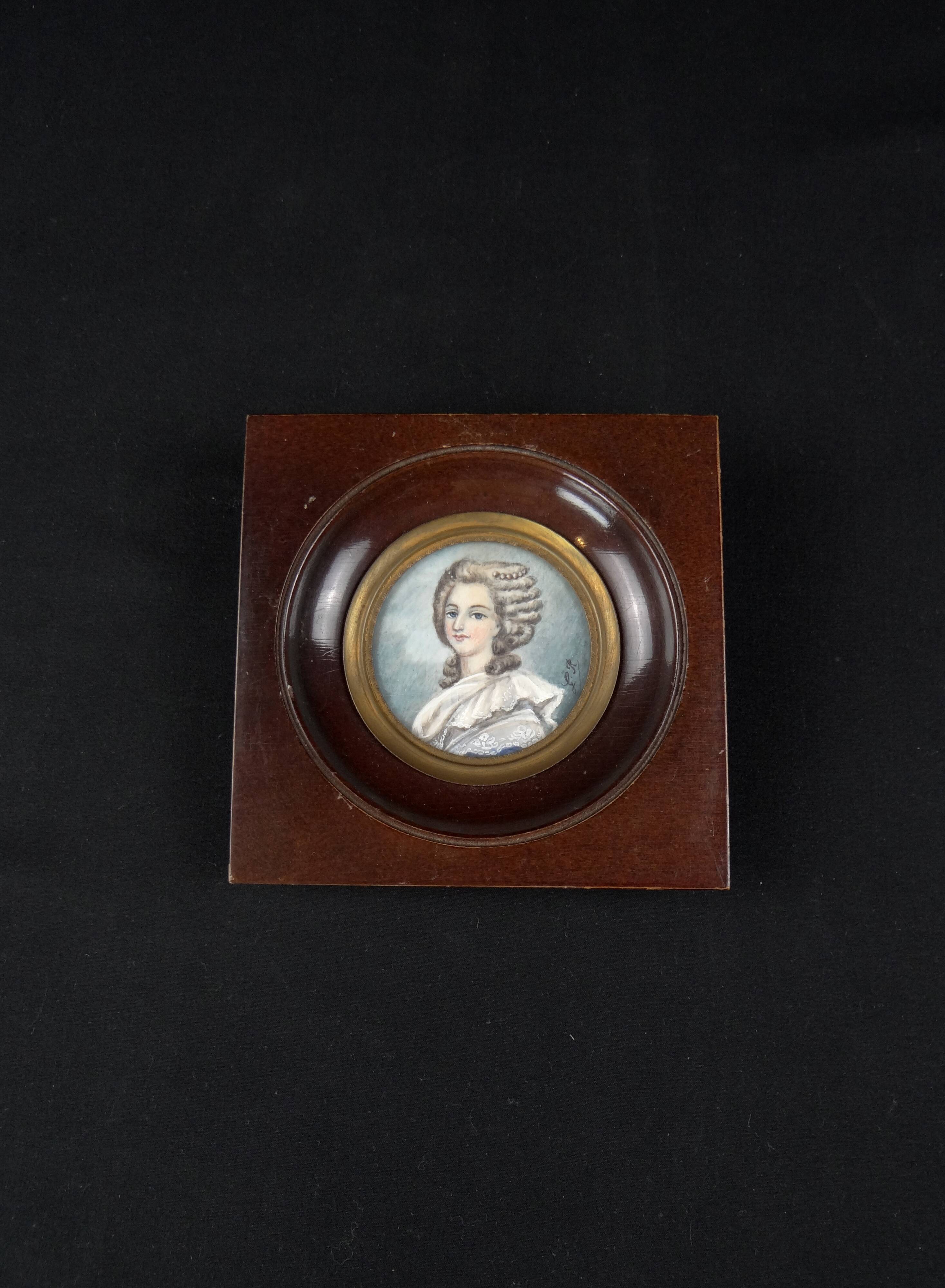 Framed 19th-century miniature gouache portrait of an aristocratic woman