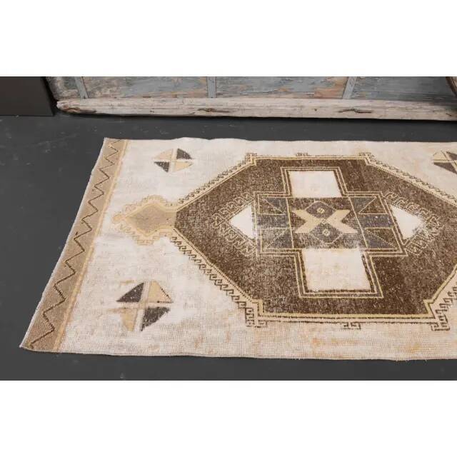 1970s Vintage Turkish Hand-Knotted Wool Cotton Beige Runner Rug 90x391