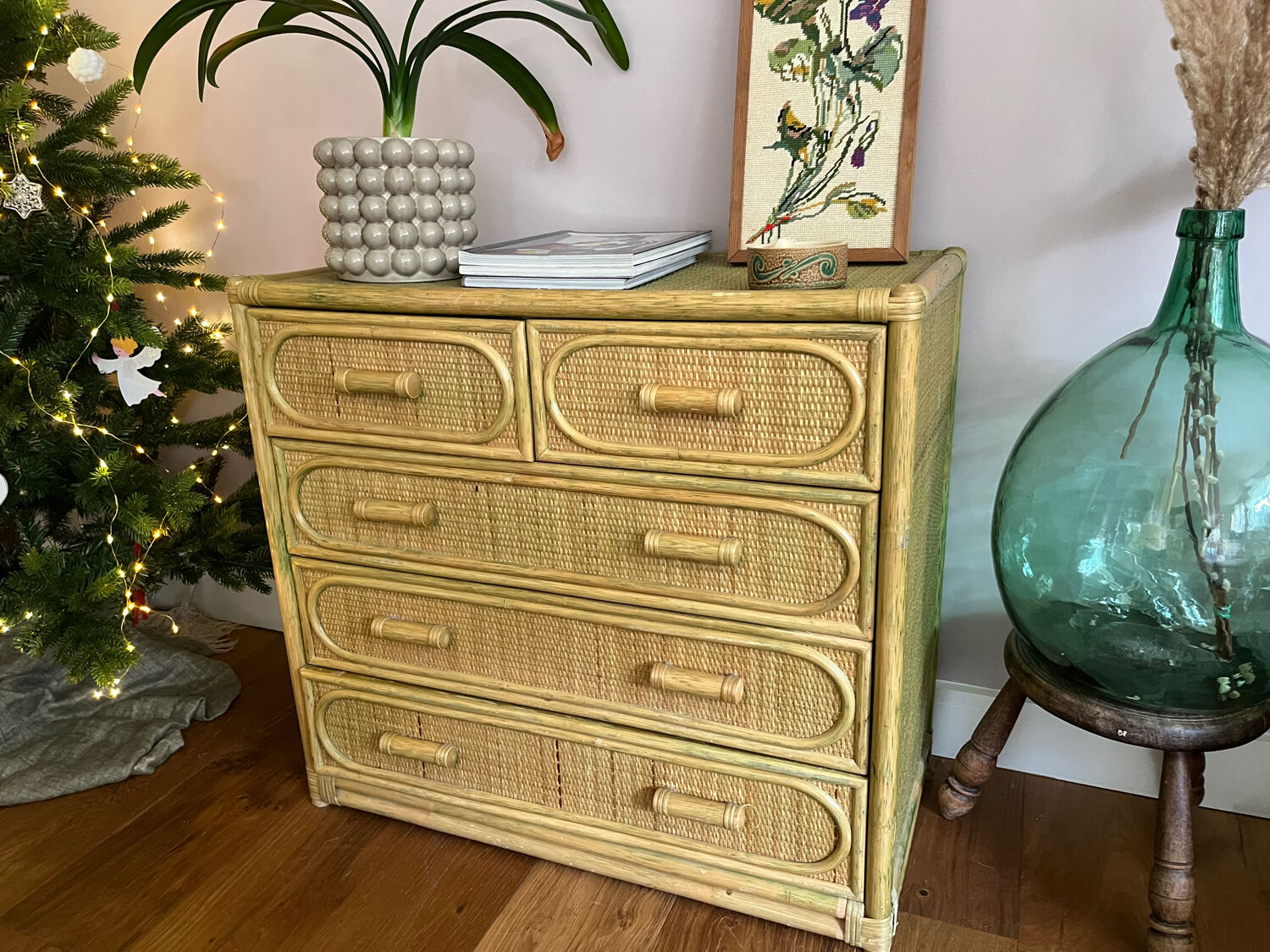 Charming rattan and bamboo chest of drawers.