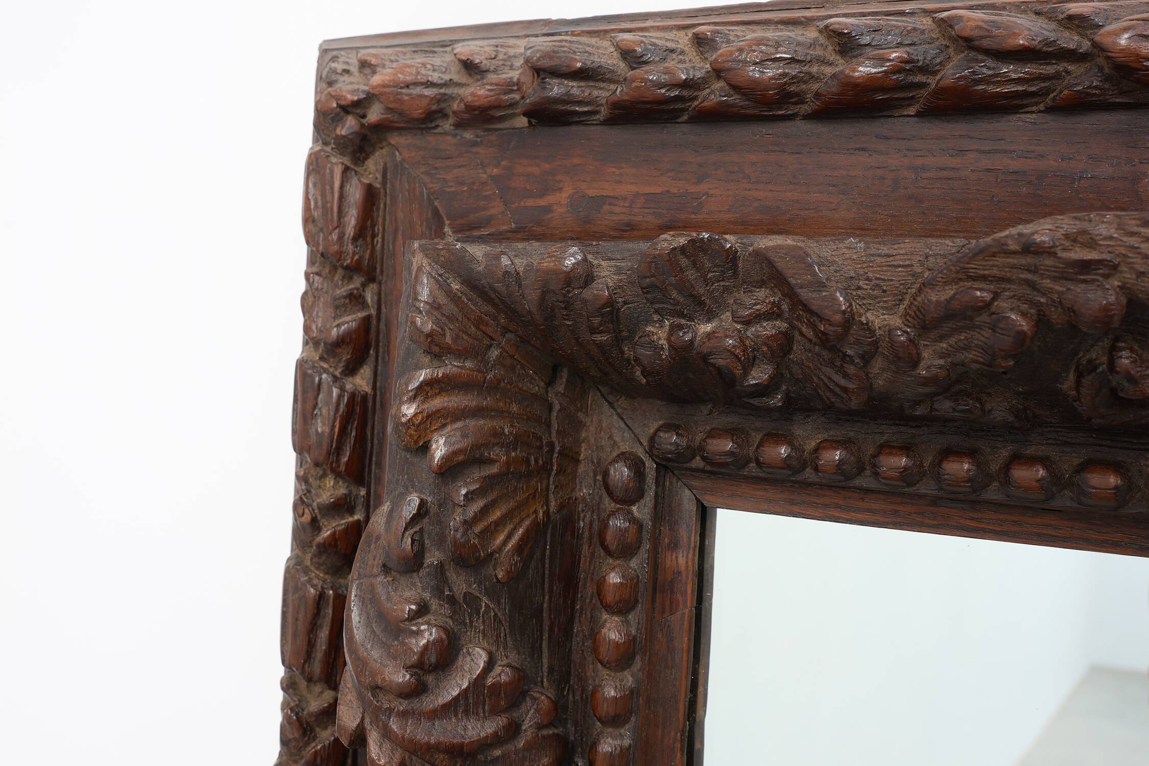 Large Antique French Carved Oak Mirror, Late 19th Century