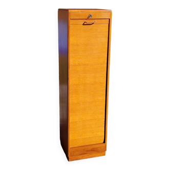 Vintage golden oak curtained filing cabinet from the 1950s