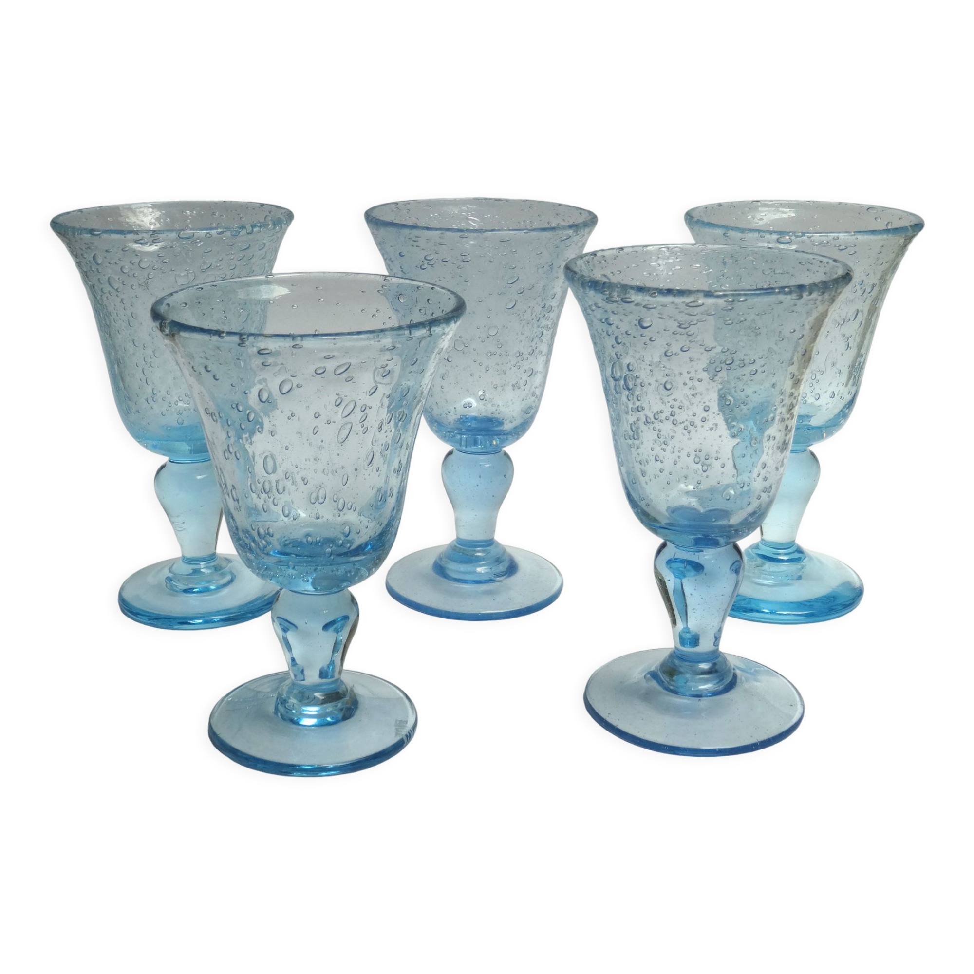 5 glasses with blue Biot stemmed