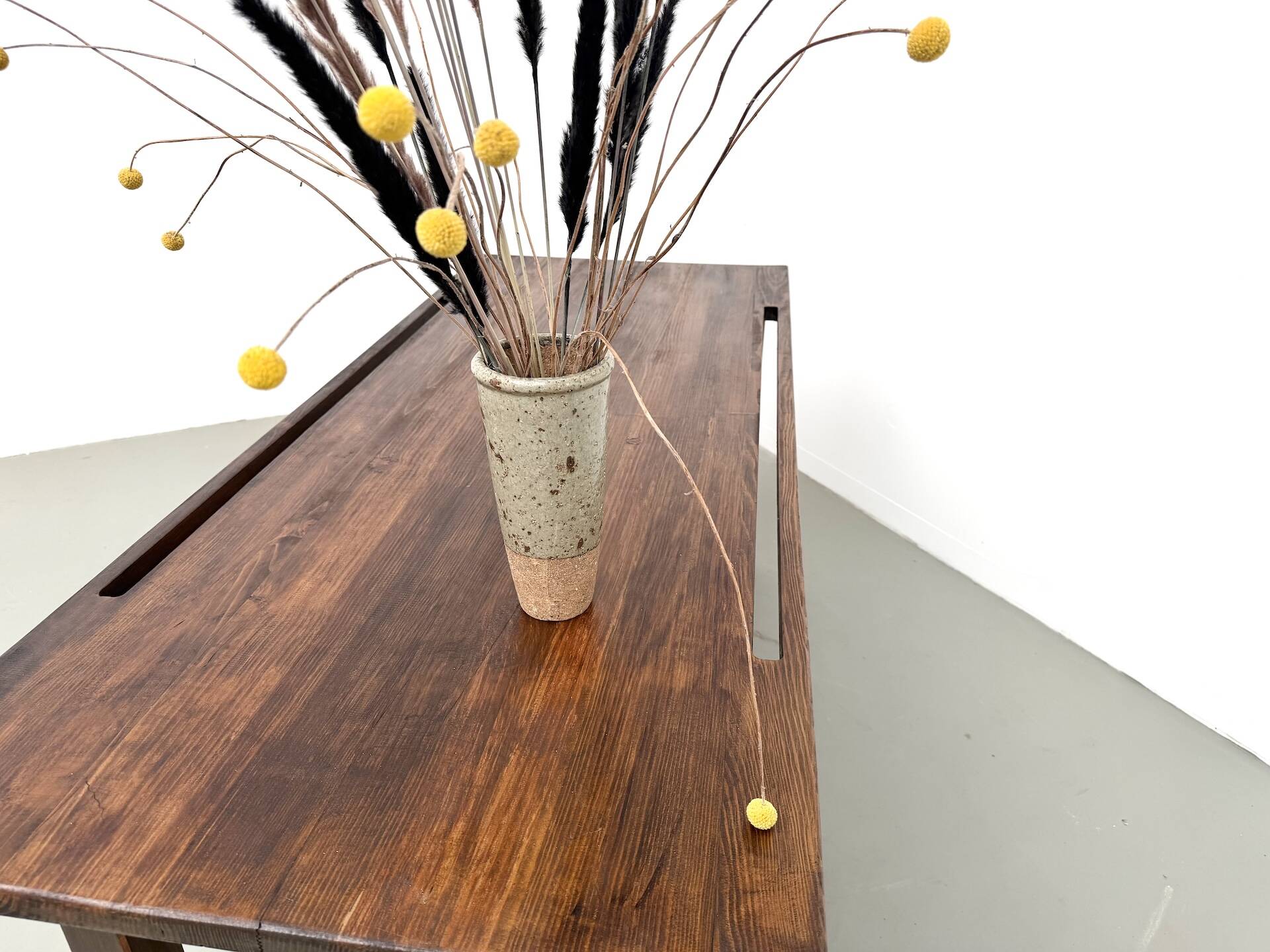 Solid pine workbench, grooved top, satin brown finish.