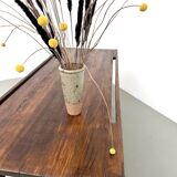 Solid pine workbench, grooved top, satin brown finish.