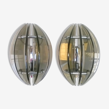 Pair of sconces glass and chrome steel of Veca Italy 1960 s