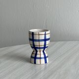 Ceramic egg cup, blue and beige checkered pattern