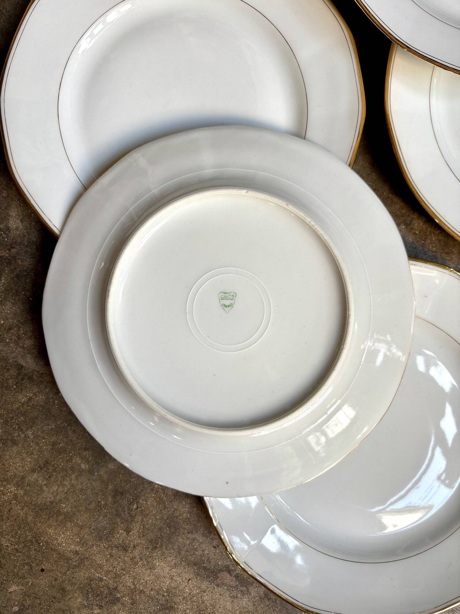 6 CBCie white and gold porcelain dinner plates
